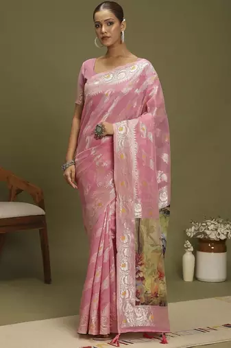 Pink ethnic motifs banarasi fastive saree