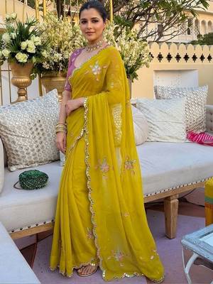 Yellow ethnic motifs  georgette saree 2