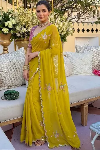 Yellow ethnic motifs  georgette saree