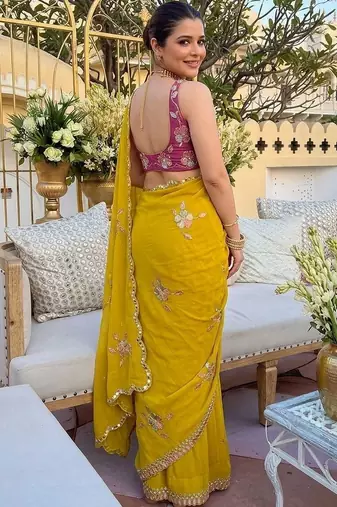 Yellow ethnic motifs  georgette saree