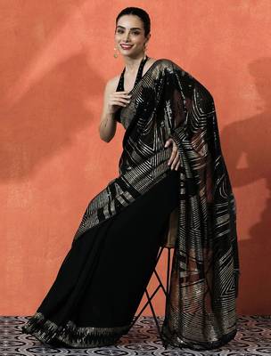 Black women embroidered  georgette  heavy work saree 1