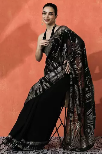 Black women embroidered  georgette  heavy work saree