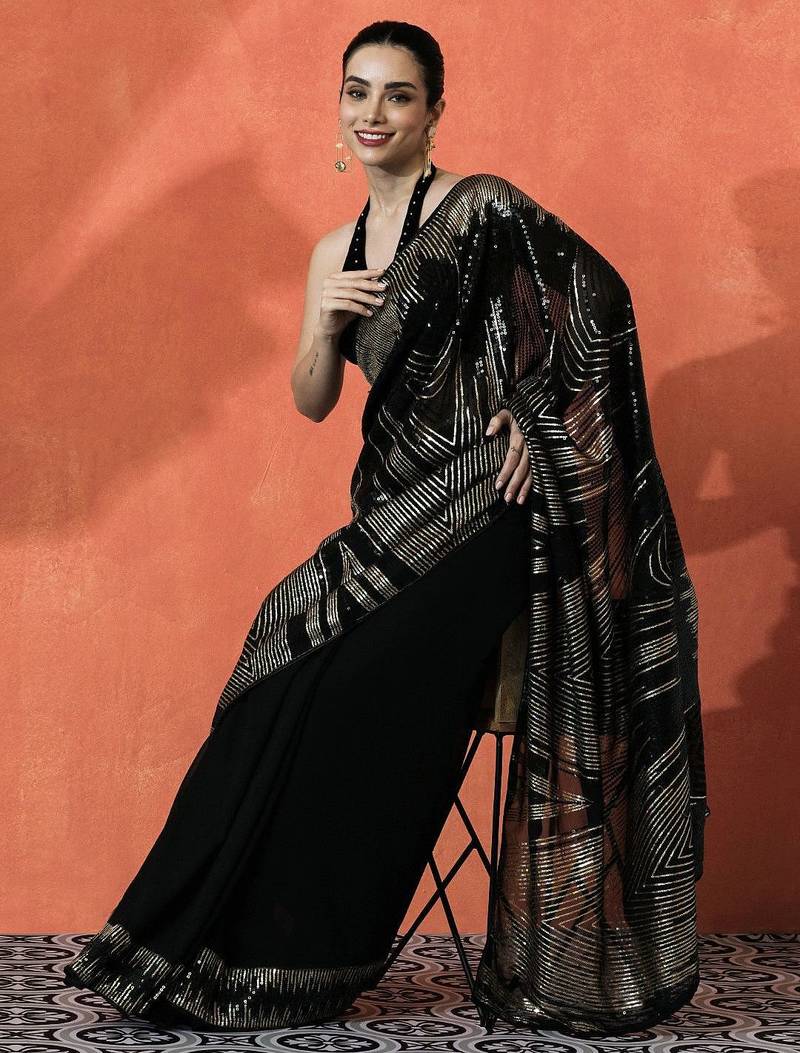 Black women embroidered  georgette  heavy work saree