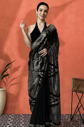 Black women embroidered  georgette  heavy work saree