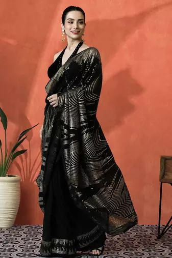Black women embroidered  georgette  heavy work saree