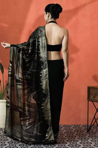 Black women embroidered  georgette  heavy work saree