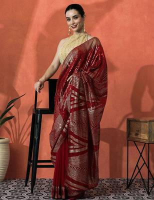 Red embellished embroidered saree with unstitched blouse 1