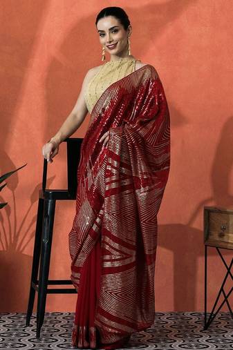Red embellished embroidered saree with unstitched blouse