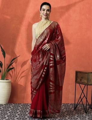 Red embellished embroidered saree with unstitched blouse 2
