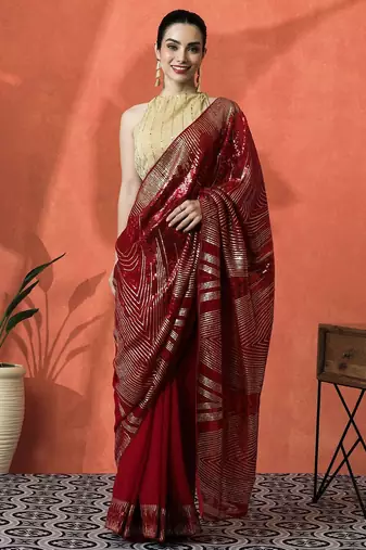Red embellished embroidered saree with unstitched blouse