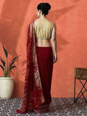 Red embellished embroidered saree with unstitched blouse 4
