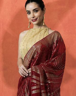 Red embellished embroidered saree with unstitched blouse 5