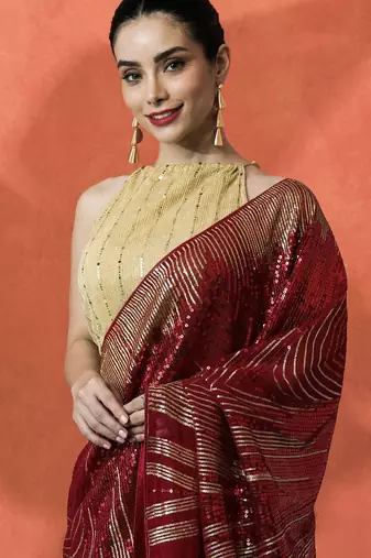 Red embellished embroidered saree with unstitched blouse