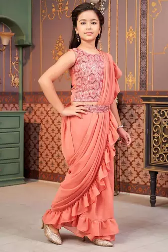 Peach girls sequins embroidery saree with blouse