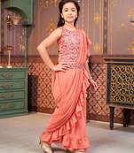Peach girls sequins embroidery saree with blouse