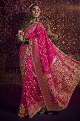 rani pink viscose dola silk blend zari mirror & heavy embroidery work saree