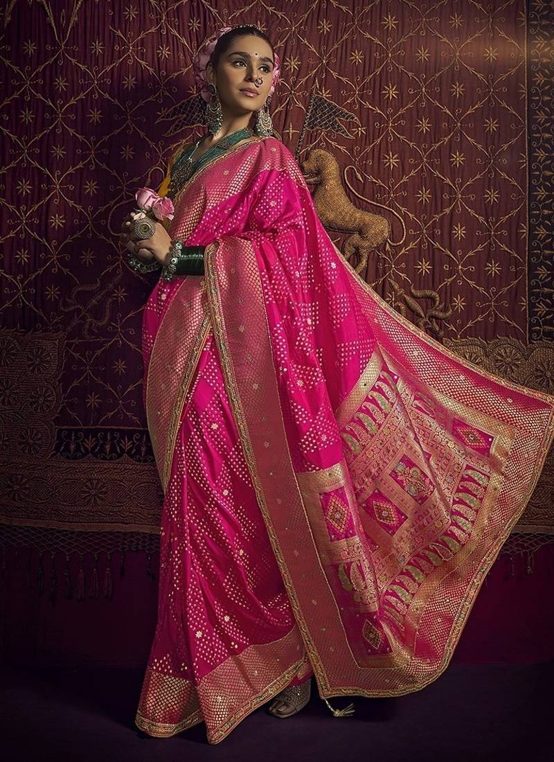 rani pink viscose dola silk blend zari mirror & heavy embroidery work saree
