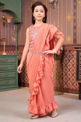 Peach girls sequins embroidery saree with blouse