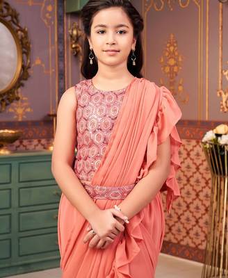 Peach girls sequins embroidery saree with blouse 5