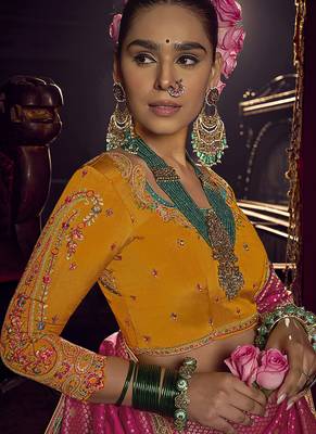 rani pink viscose dola silk blend zari mirror & heavy embroidery work saree 2