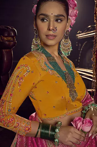 rani pink viscose dola silk blend zari mirror & heavy embroidery work saree