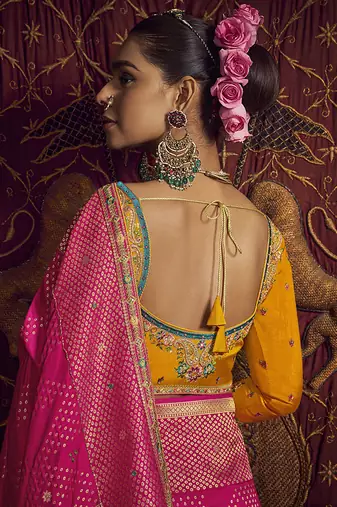 rani pink viscose dola silk blend zari mirror & heavy embroidery work saree