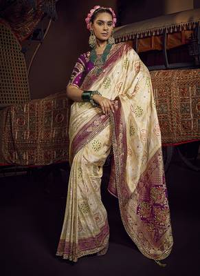 off white viscose dola silk blend zari mirror & heavy embroidery work saree 1