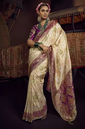 off white viscose dola silk blend zari mirror & heavy embroidery work saree
