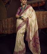 off white viscose dola silk blend zari mirror & heavy embroidery work saree