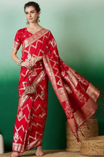 Red ethnic motif zari woven kanjeevaram saree with blouse