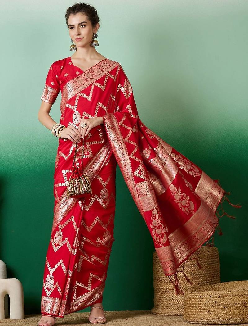 Red ethnic motif zari woven kanjeevaram saree with blouse