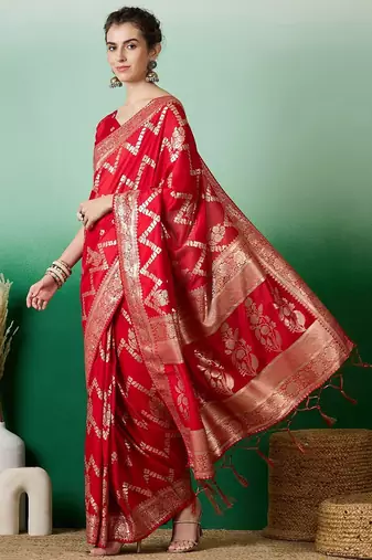 Red ethnic motif zari woven kanjeevaram saree with blouse