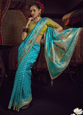 sky blue viscose dola silk blend zari mirror & heavy embroidery work saree 1