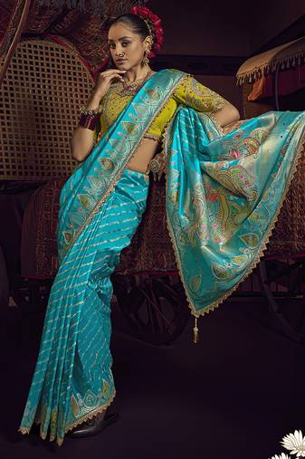 sky blue viscose dola silk blend zari mirror & heavy embroidery work saree
