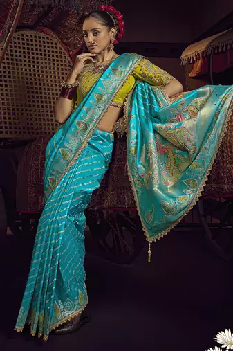 sky blue viscose dola silk blend zari mirror & heavy embroidery work saree