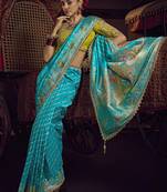sky blue viscose dola silk blend zari mirror & heavy embroidery work saree