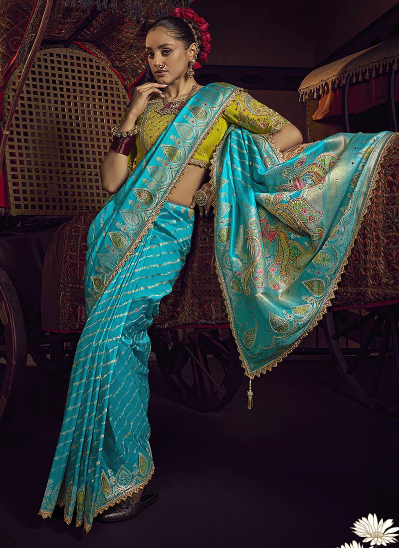 sky blue viscose dola silk blend zari mirror & heavy embroidery work saree