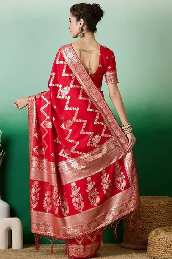Red ethnic motif zari woven kanjeevaram saree with blouse