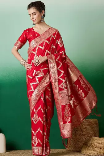 Red ethnic motif zari woven kanjeevaram saree with blouse