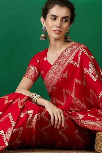 Red ethnic motif zari woven kanjeevaram saree with blouse