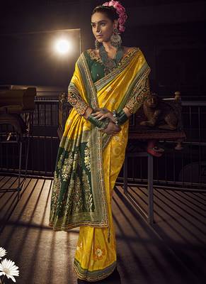 yellow viscose dola silk blend zari mirror & heavy embroidery work saree 1