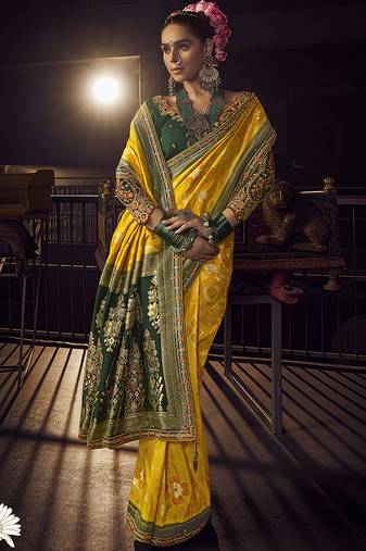 yellow viscose dola silk blend zari mirror & heavy embroidery work saree