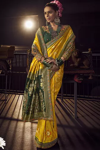 yellow viscose dola silk blend zari mirror & heavy embroidery work saree