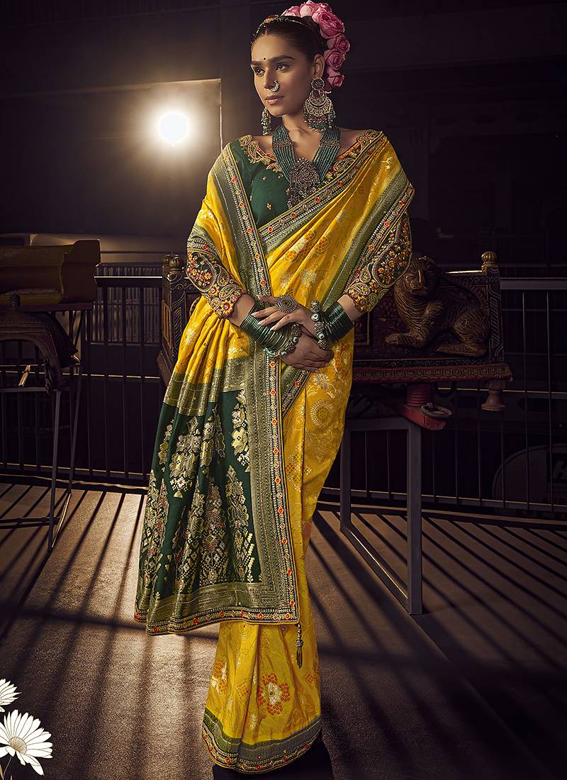 yellow viscose dola silk blend zari mirror & heavy embroidery work saree