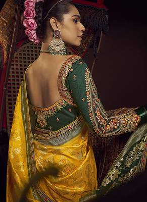 yellow viscose dola silk blend zari mirror & heavy embroidery work saree 2