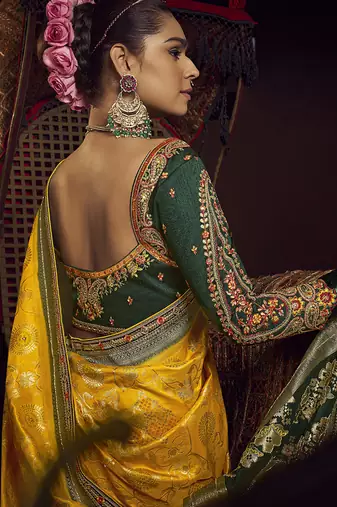 yellow viscose dola silk blend zari mirror & heavy embroidery work saree