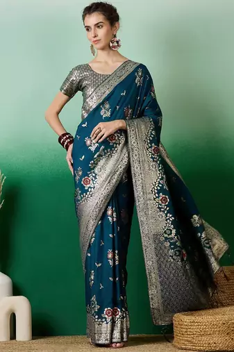 Teal ethnic motif zari woven tassel detail kanjeevaram saree with blouse