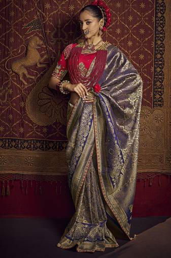 blue viscose dola silk blend zari mirror & heavy embroidery work saree