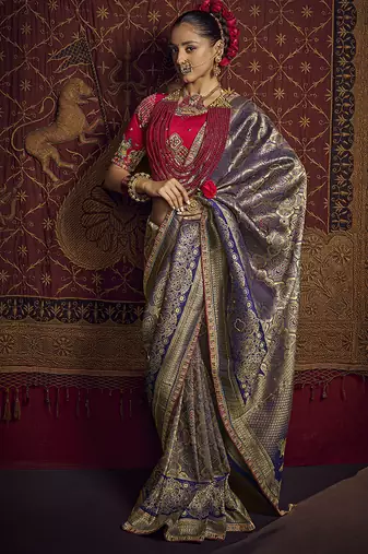 blue viscose dola silk blend zari mirror & heavy embroidery work saree