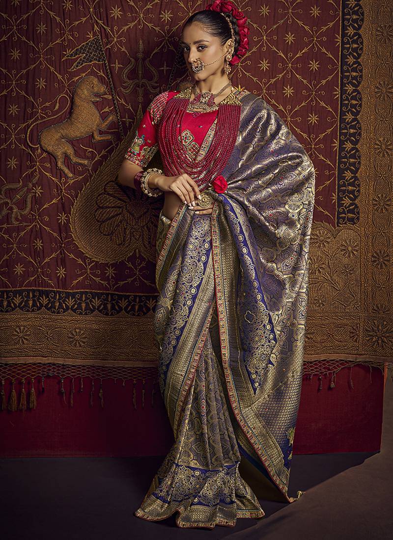 blue viscose dola silk blend zari mirror & heavy embroidery work saree